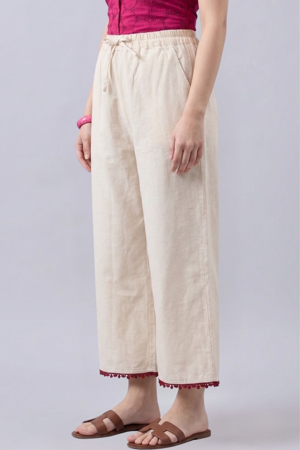 Cotton Palazzo With Maroon Lace Detailing