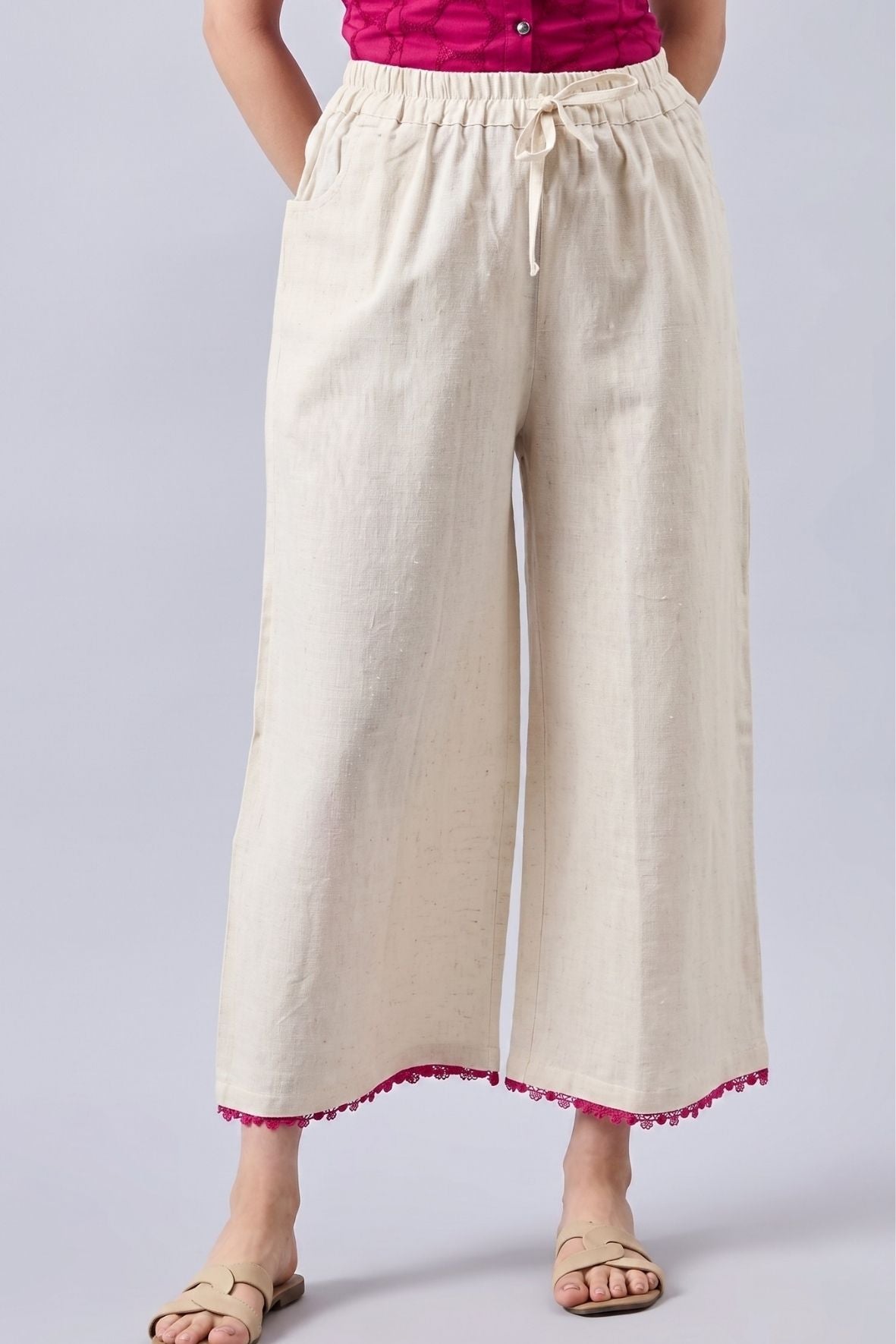 Cotton Palazzo With Rani Pink Lace Detailing