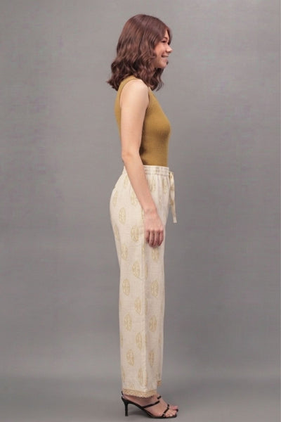 Ivory Mustard Buti Print Cotton Lace Palazzo