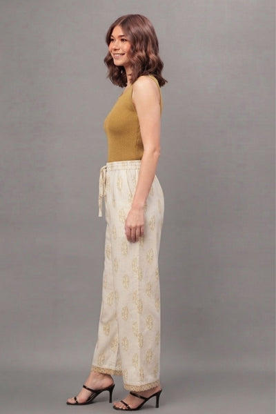 Ivory Mustard Buti Print Cotton Lace Palazzo