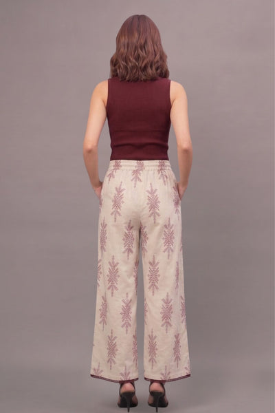 Ivory Maroon Motif Cotton Lace Palazzo