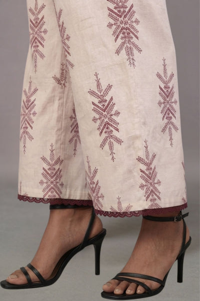 Ivory Maroon Motif Cotton Lace Palazzo