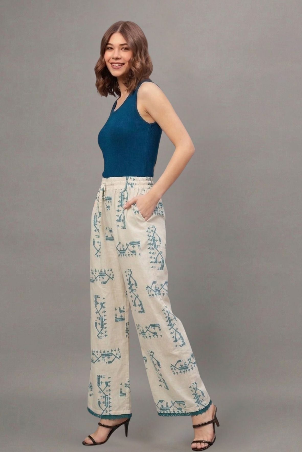 Ivory Teal Ethnic Motif Print Cotton Palazzo