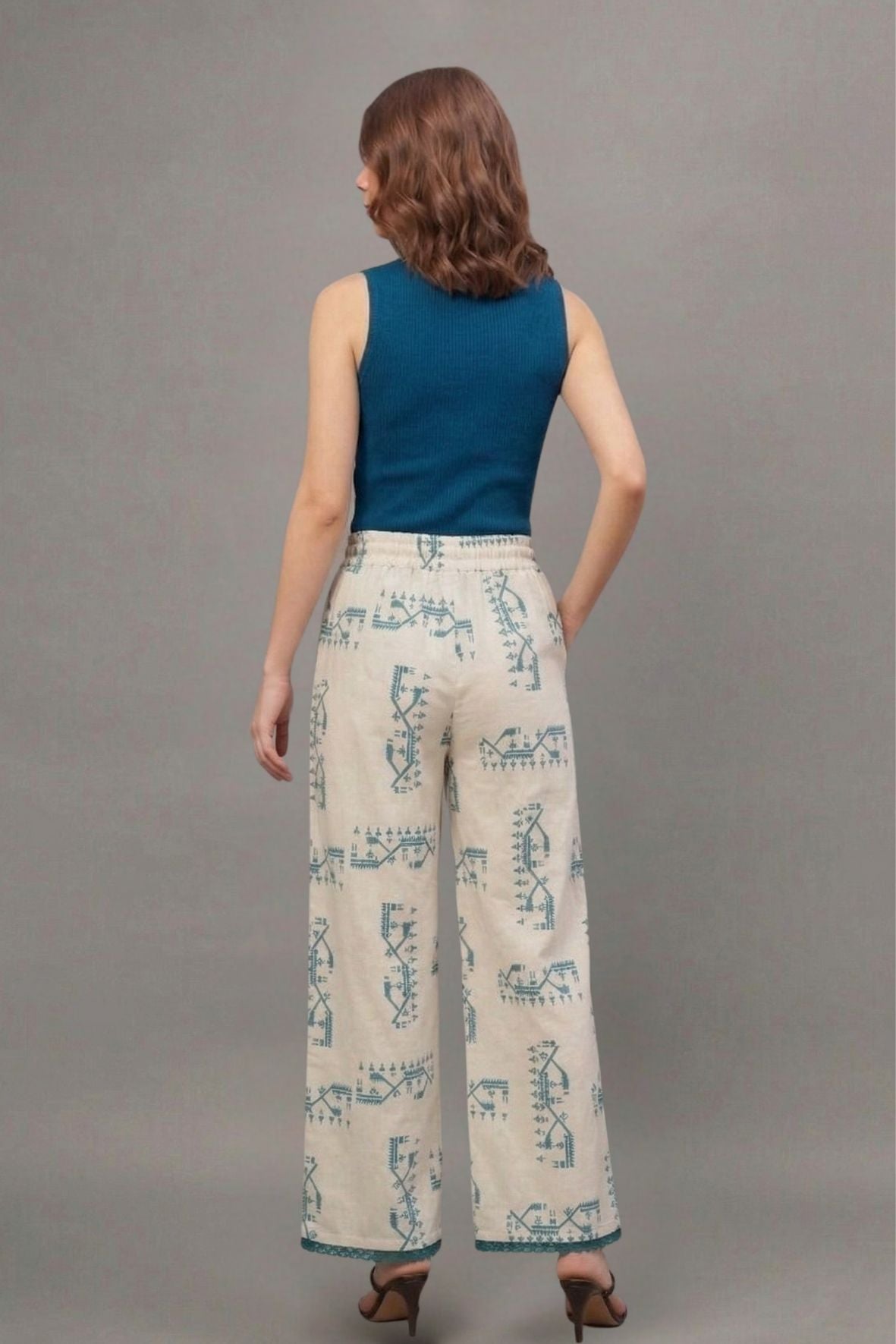 Ivory Teal Ethnic Motif Print Cotton Palazzo