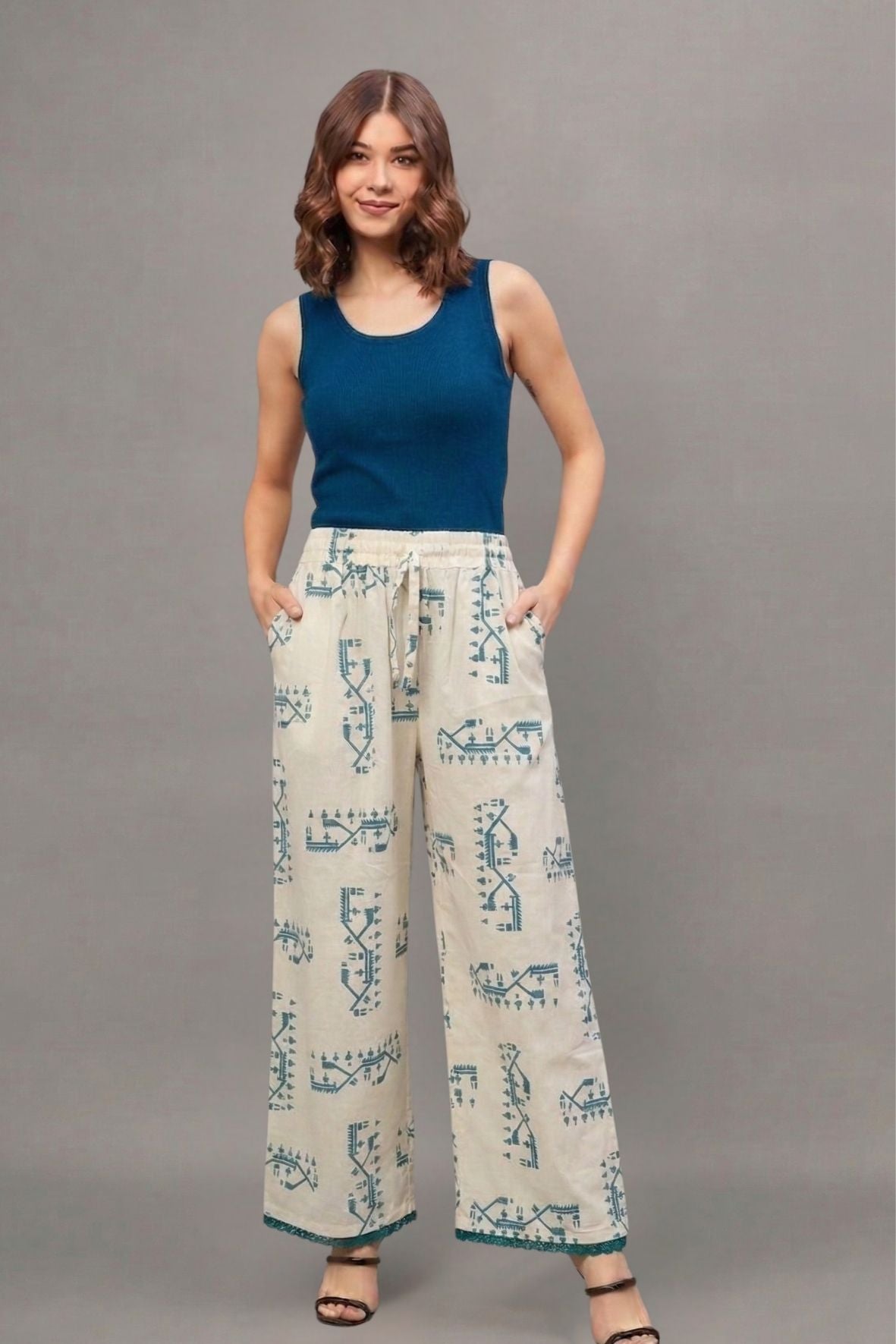 Ivory Teal Ethnic Motif Print Cotton Palazzo