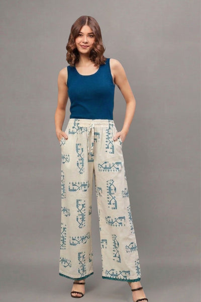 Ivory Teal Ethnic Motif Print Cotton Palazzo