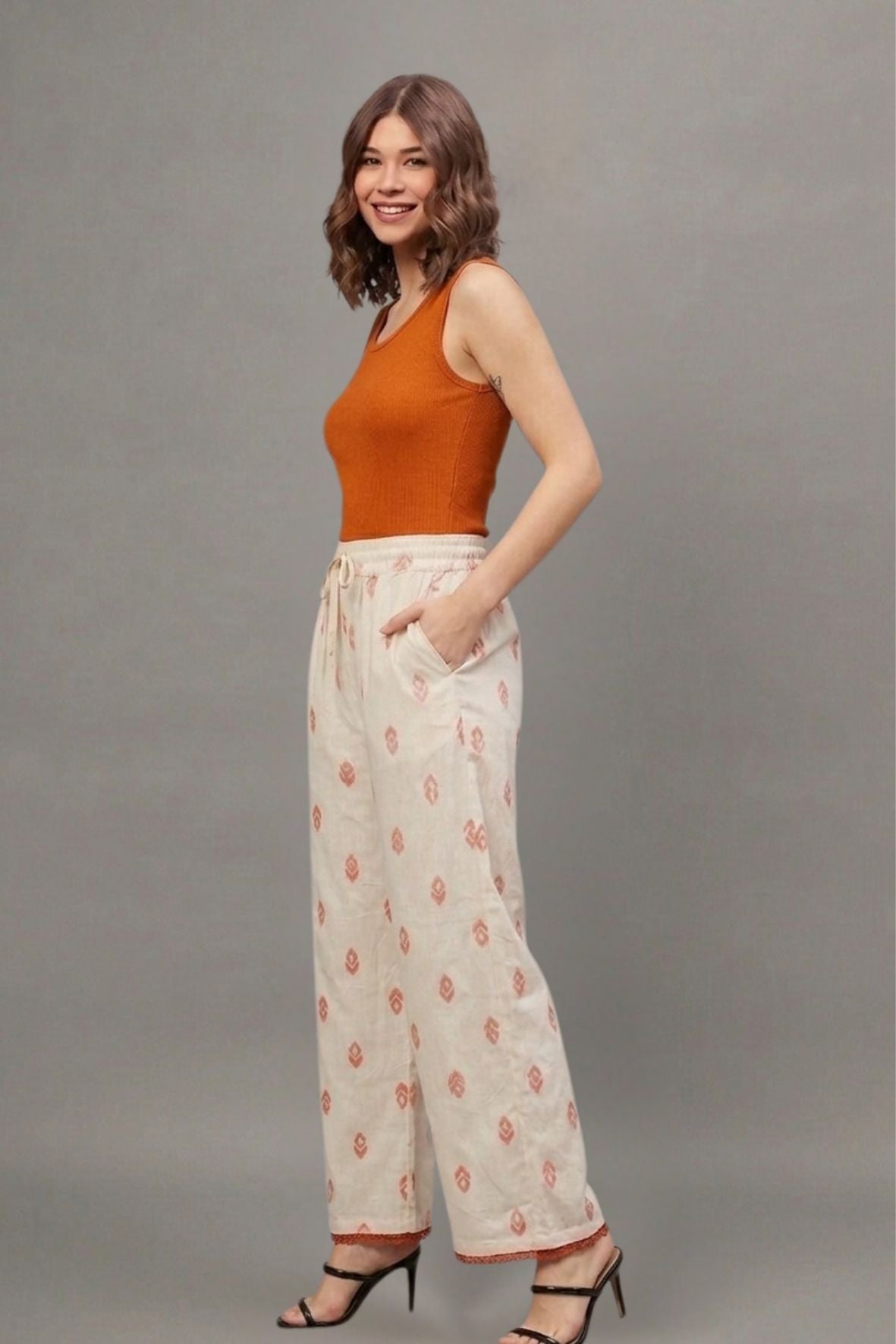 Ivory Rust Buti Print Cotton Palazzo