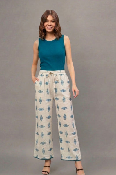 Teal Tribal Print Cotton Lace Palazzo