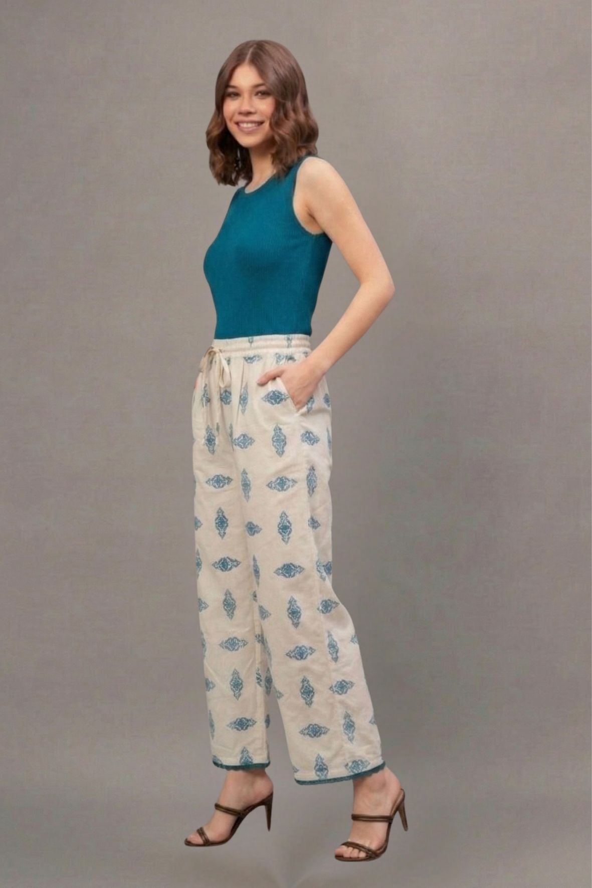Teal Tribal Print Cotton Lace Palazzo