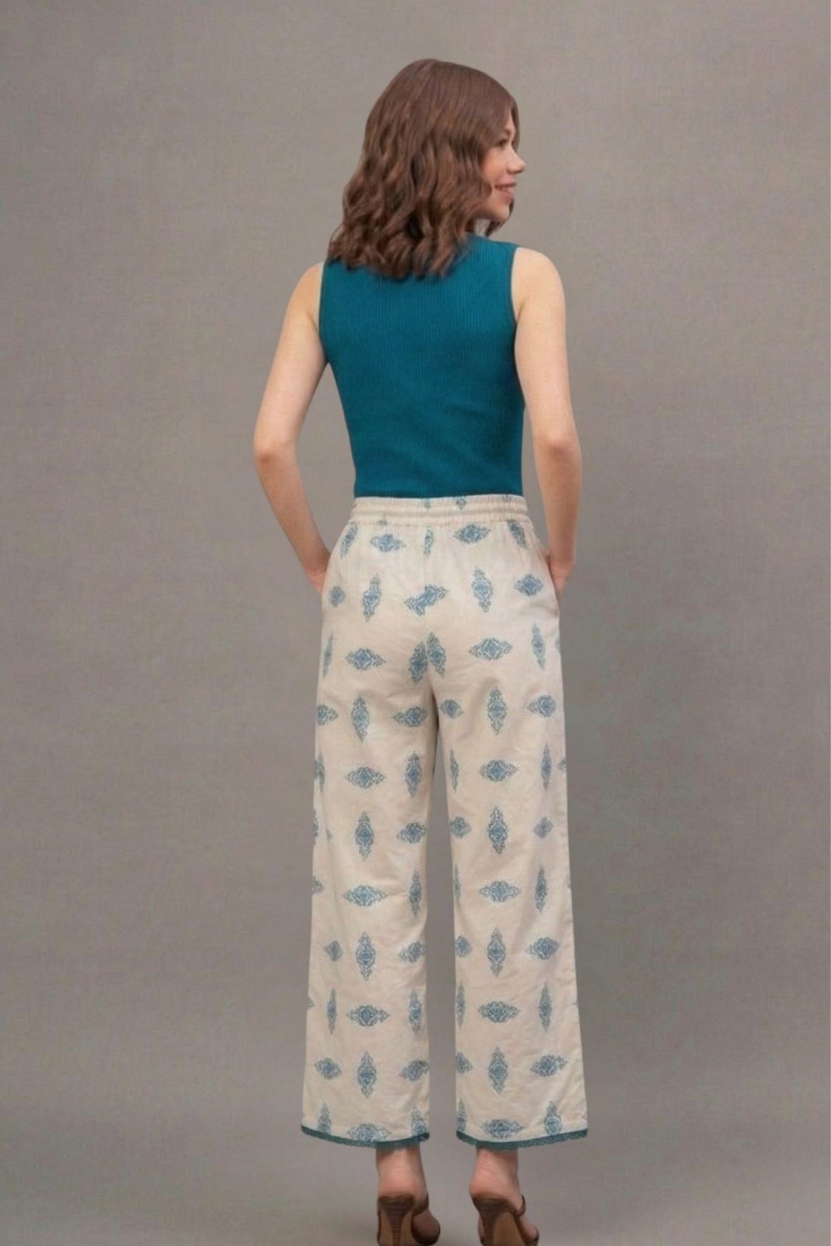 Teal Tribal Print Cotton Lace Palazzo