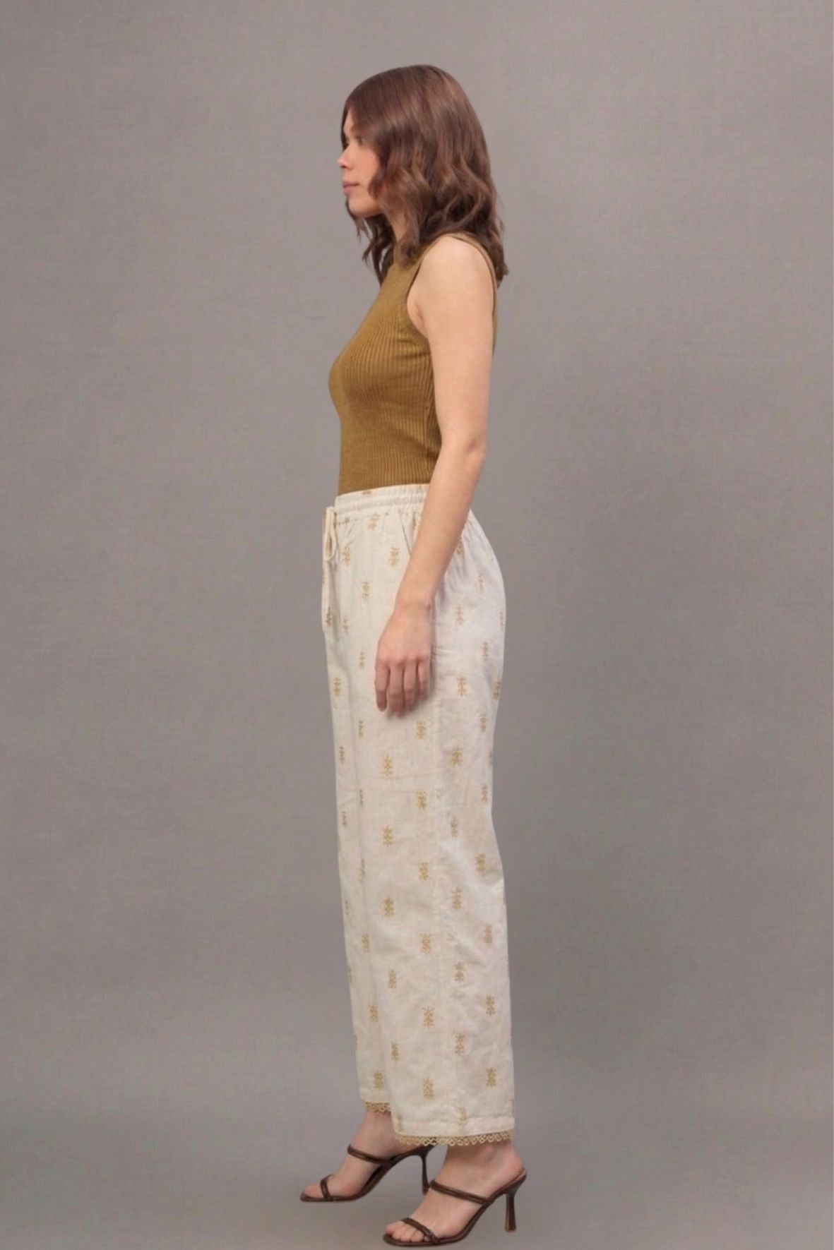 Ivory Beige Leaf Print Cotton Lace Palazzo