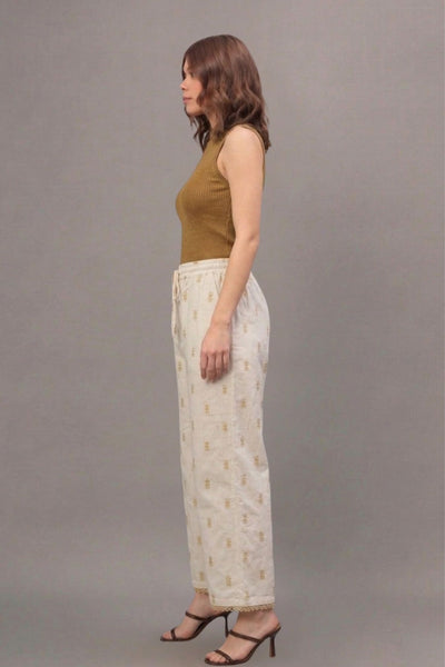 Ivory Beige Leaf Print Cotton Lace Palazzo