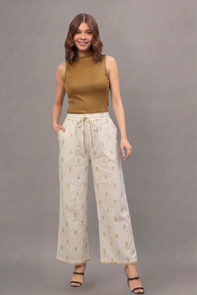 Ivory Beige Leaf Print Cotton Lace Palazzo
