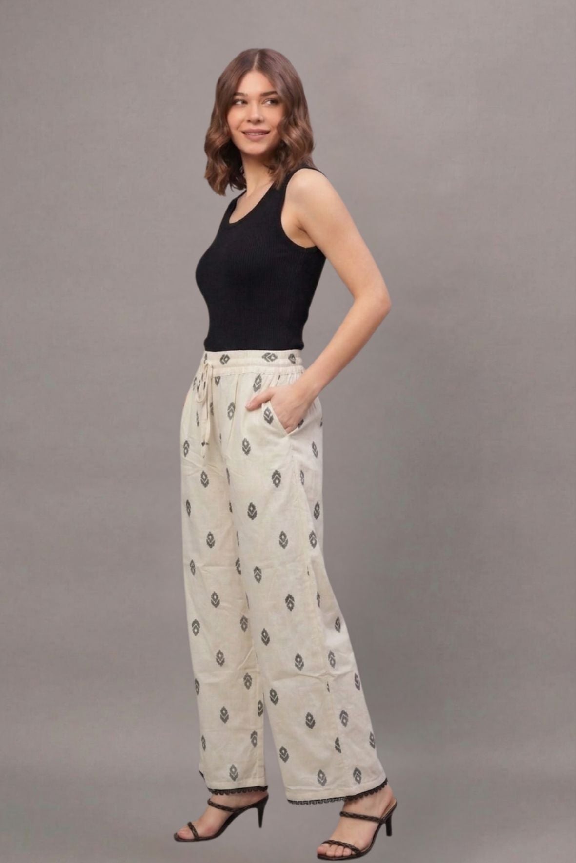 Charcoal Buta Print Cotton Lace Palazzo