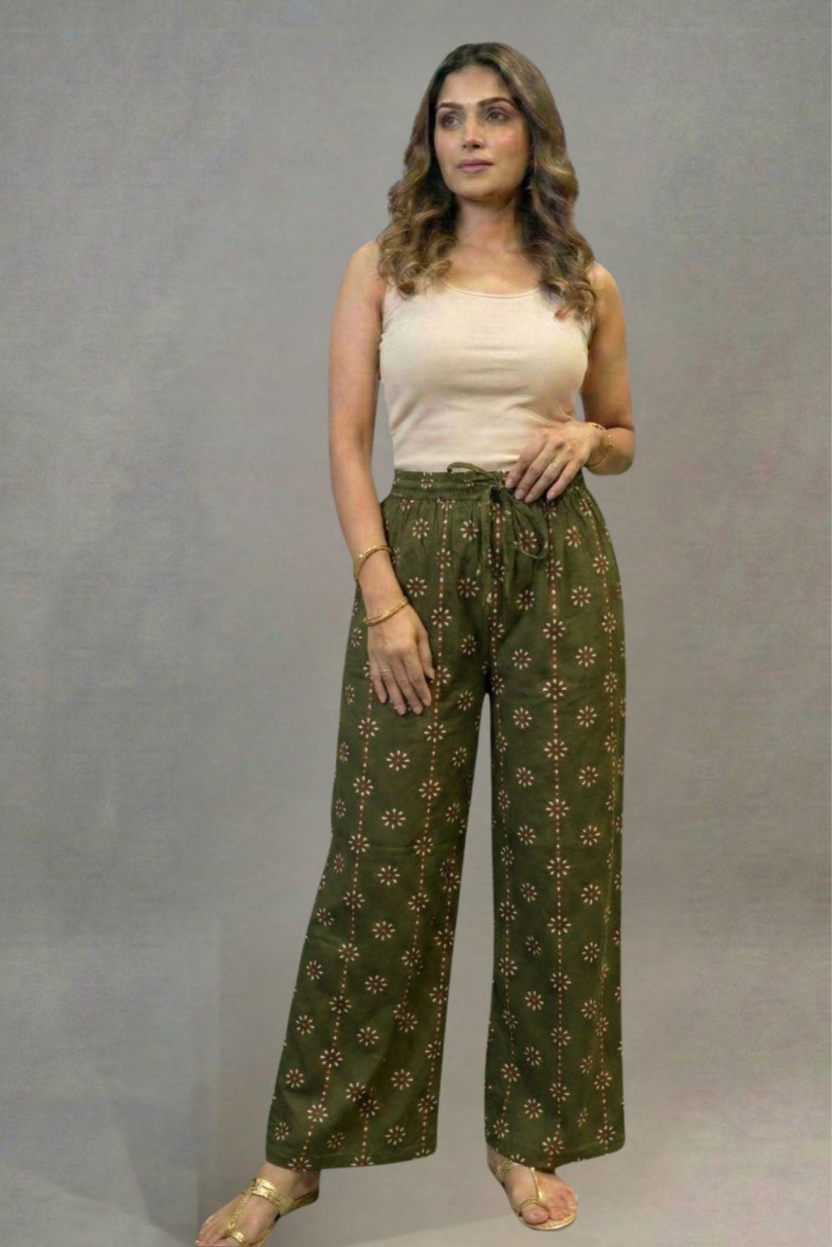 Olive Green Floral Buti  Printed Palazzo
