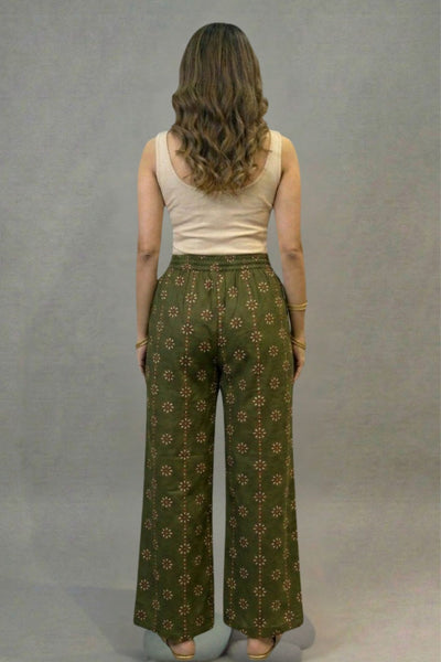 Olive Green Floral Buti  Printed Palazzo