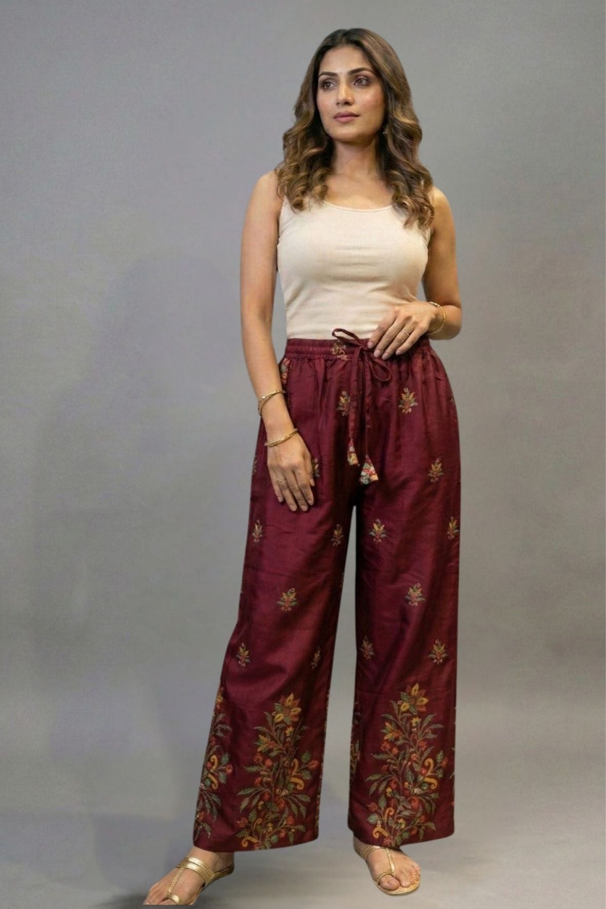 Maroon Heritage Floral Border Printed Palazzo