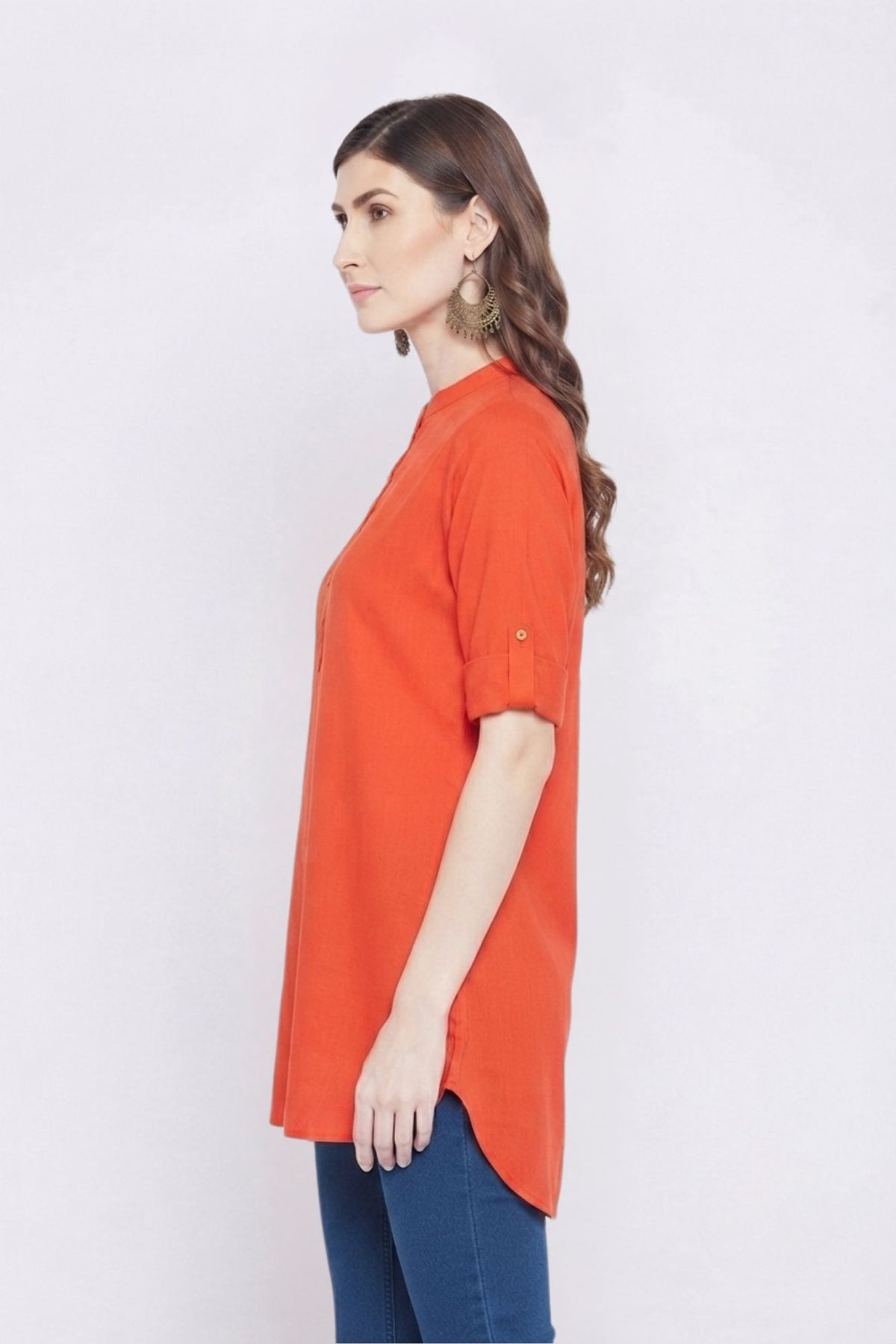 Dark Orange Solid Coloured Short Kurti - 32"Length