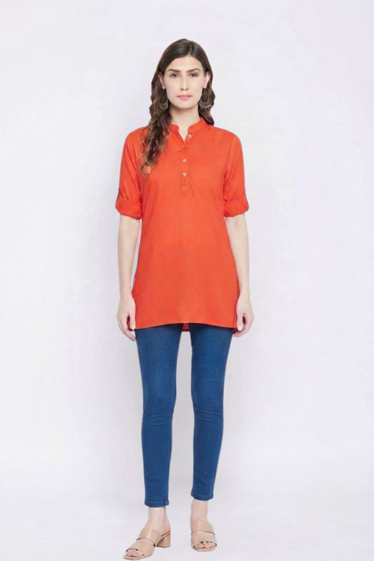 Dark Orange Solid Coloured Short Kurti - 32"Length