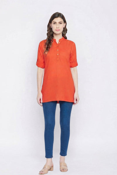 Dark Orange Solid Coloured Short Kurti - 32"Length