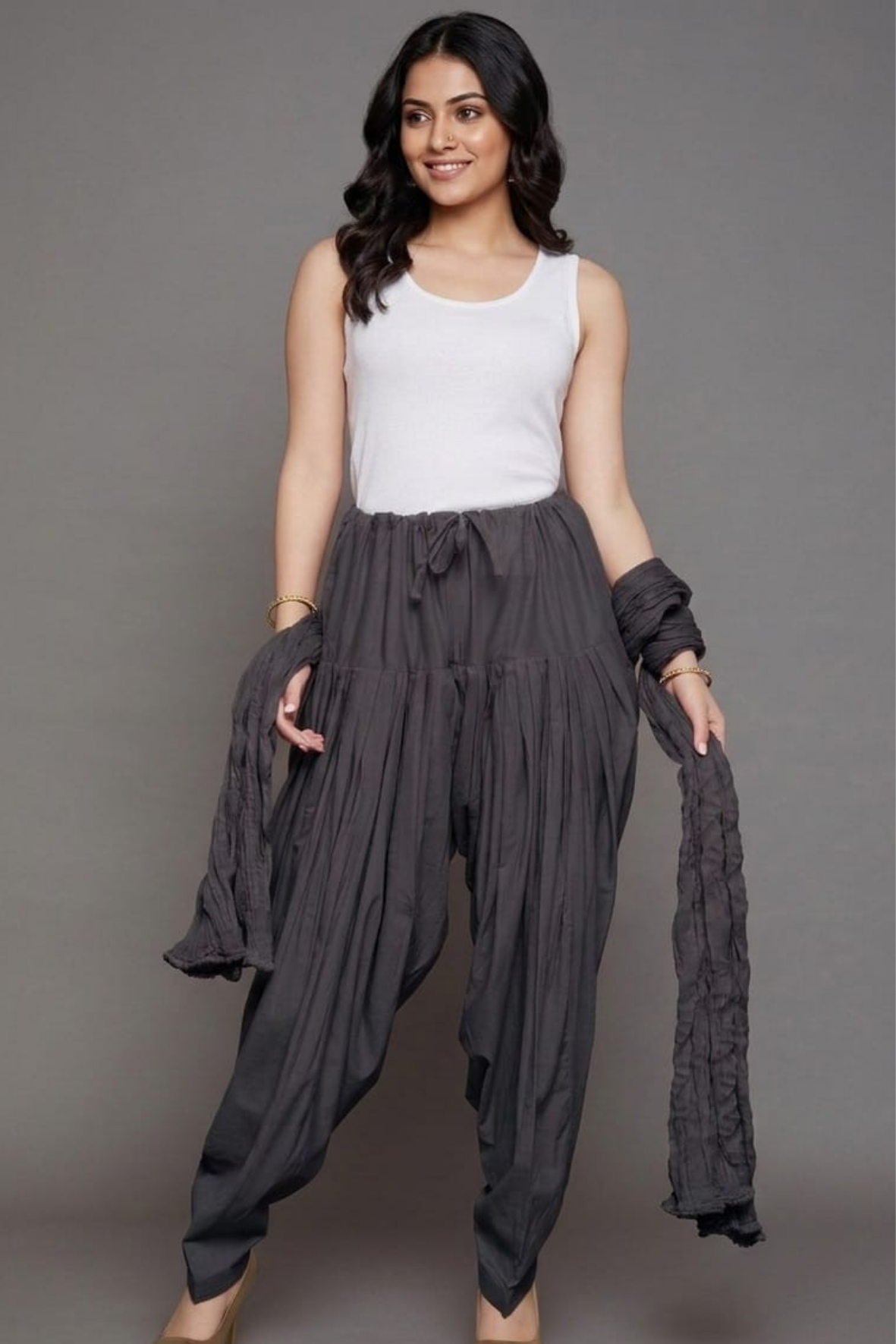 Dark Grey Cotton Plain  Patiala with Dupatta