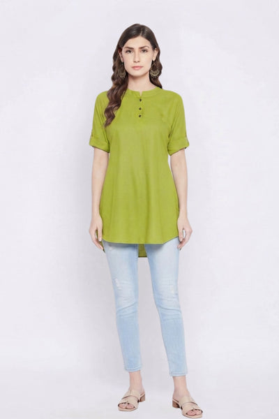 Green Solid Coloured Short Kurti - 32" Length