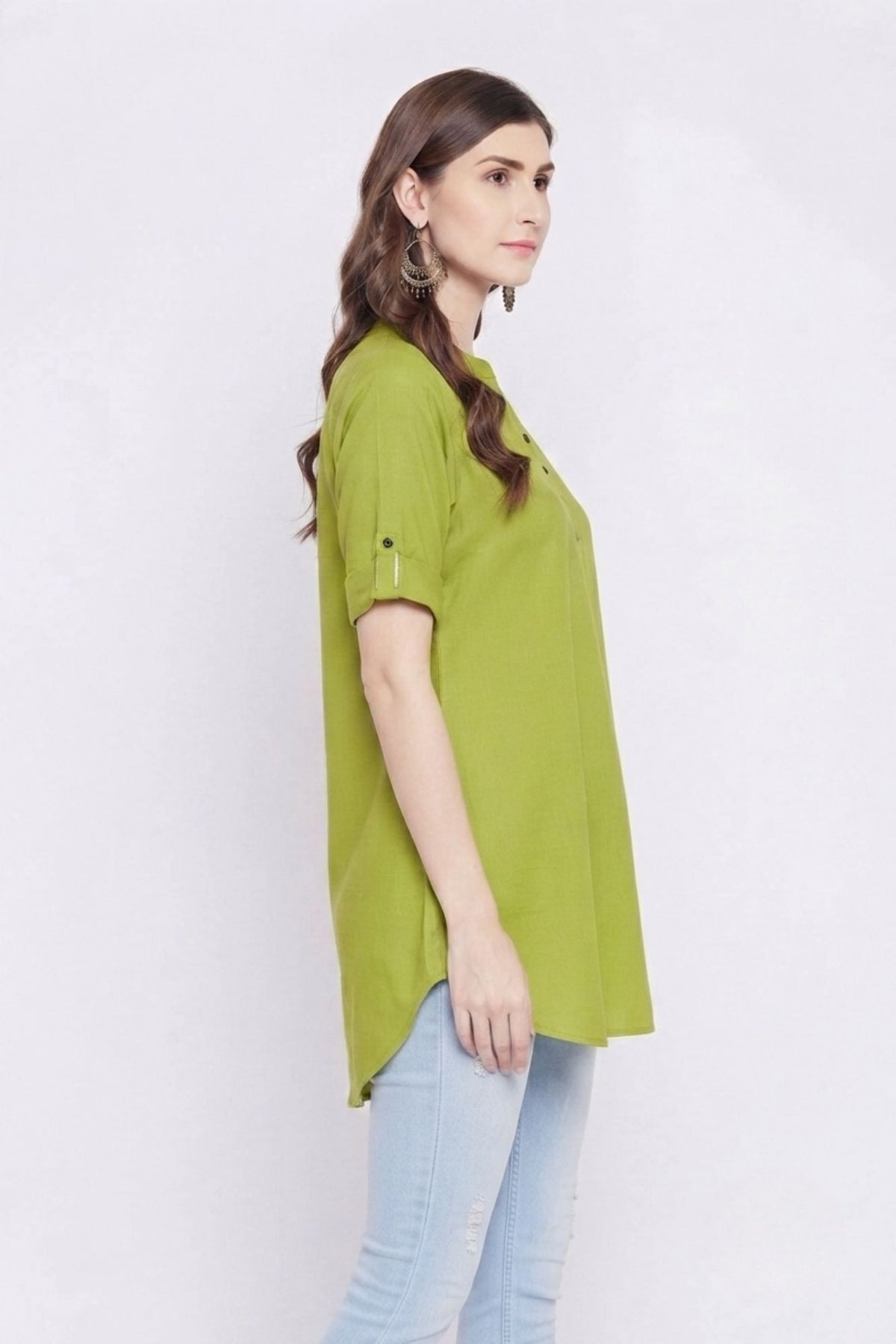 Green Solid Coloured Short Kurti - 32" Length
