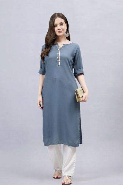 Black Round Neck Straight Fit Rayon Kurti