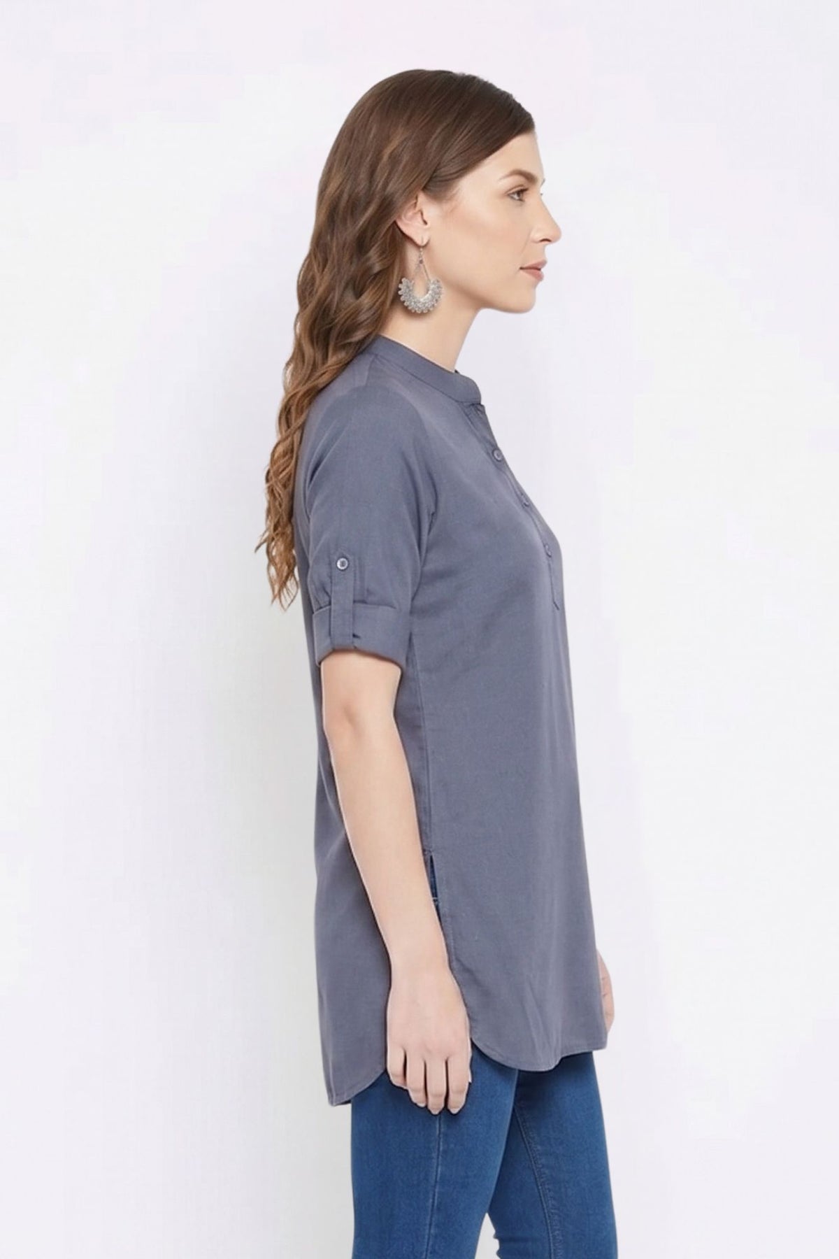 Grey Solid Coloured Short Kurti - 32" Length