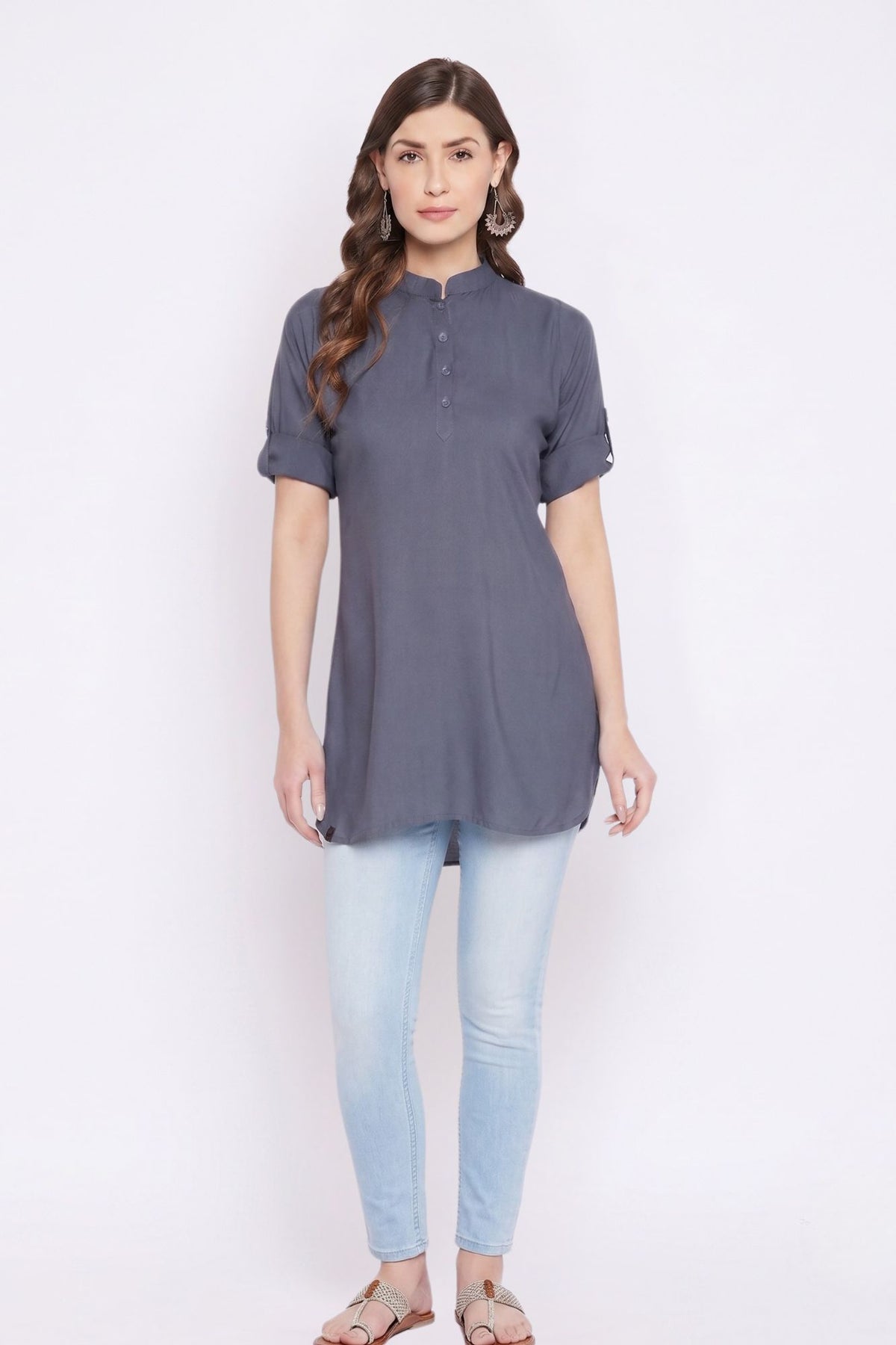 Grey Solid Coloured Short Kurti - 32" Length
