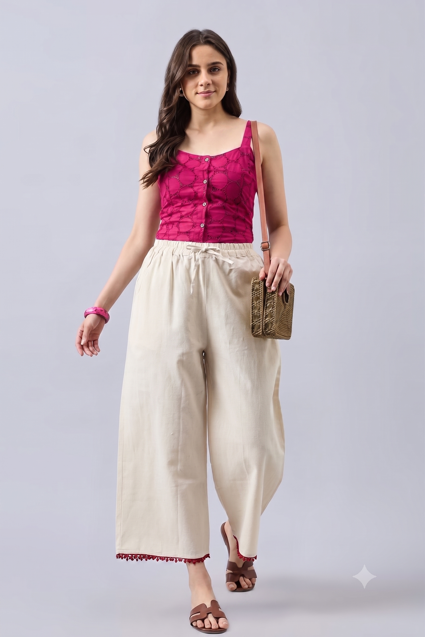 Cotton Palazzo With Black Lace Detailing