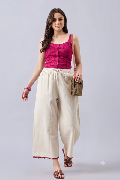 Cotton Palazzo With Black Lace Detailing