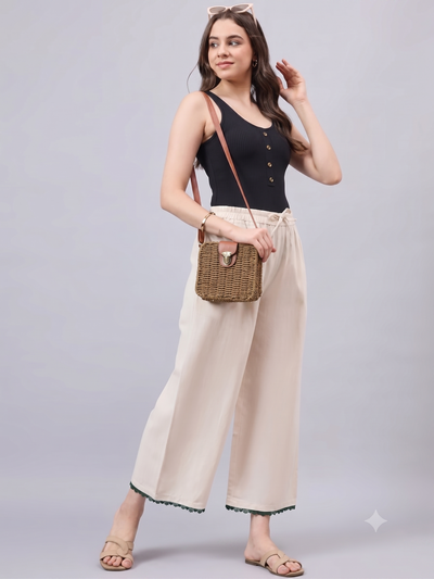 Cotton Palazzo With Dark Green Lace Detailing