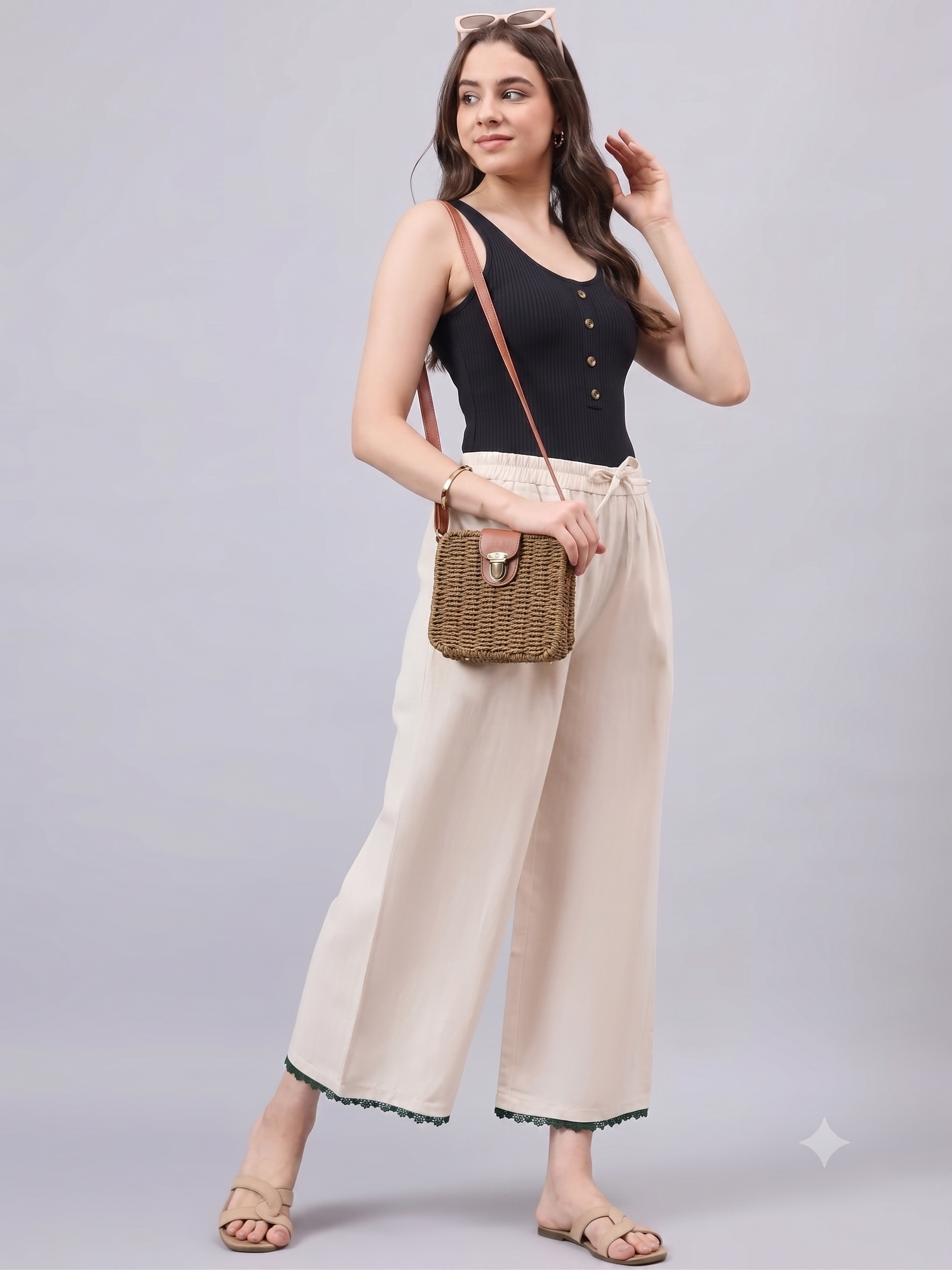 Cotton Palazzo With Pink Lace Detailing