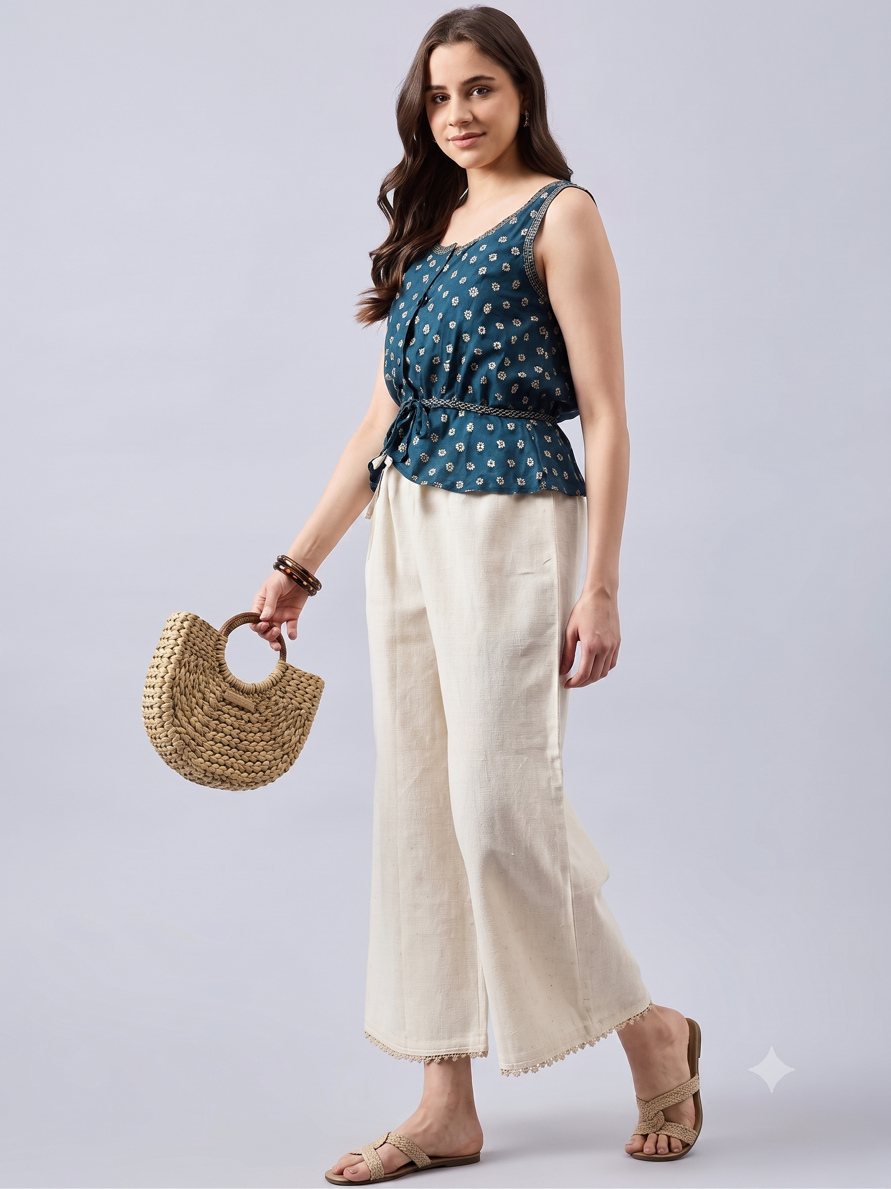 Cotton Palazzo With Black Lace Detailing