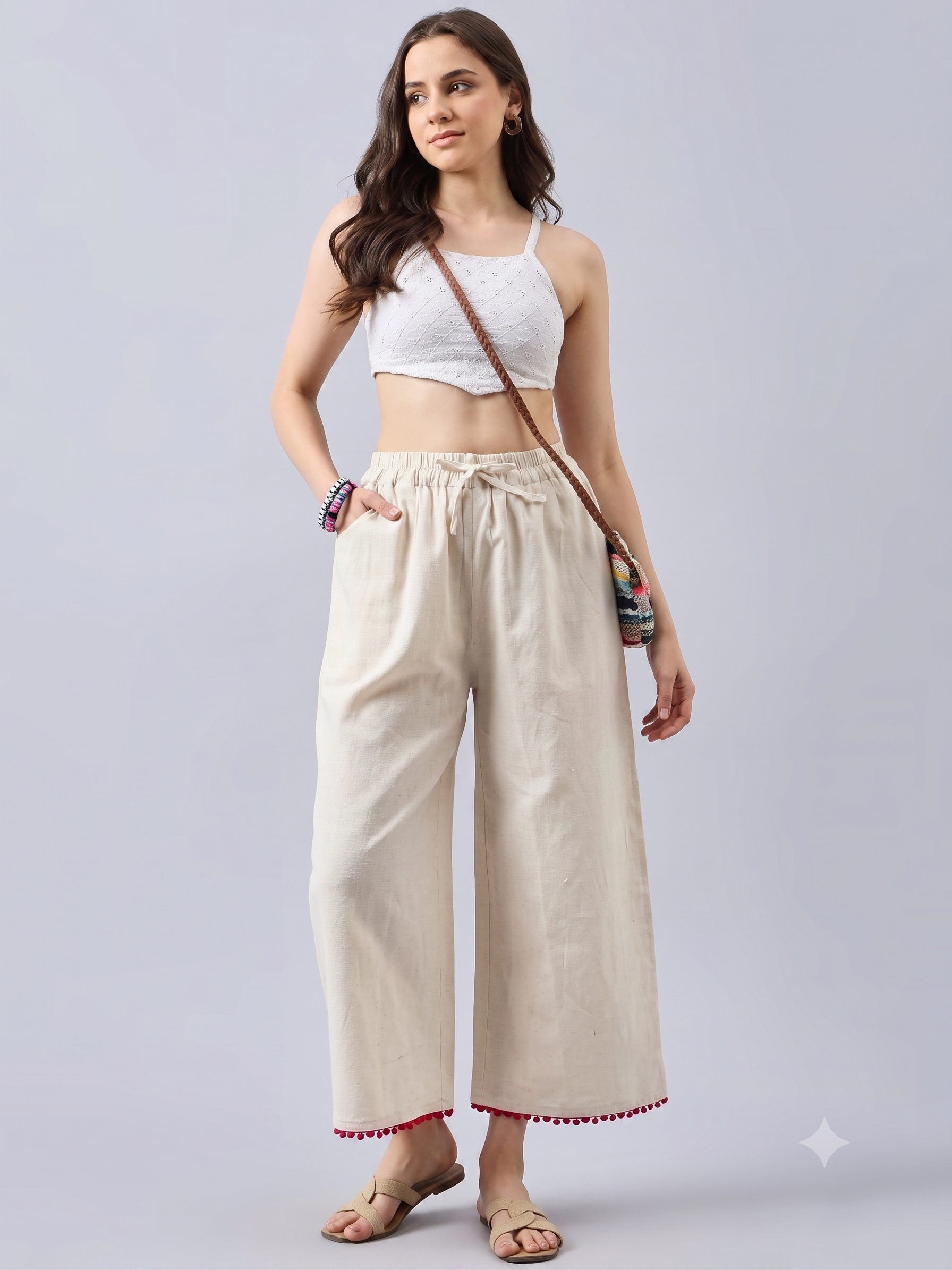 Cotton Palazzo With Pink Lace Detailing