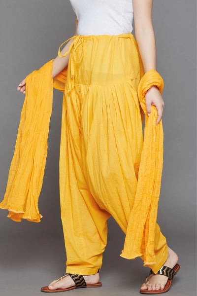 Yellow Cotton Plain Patiala with Dupatta