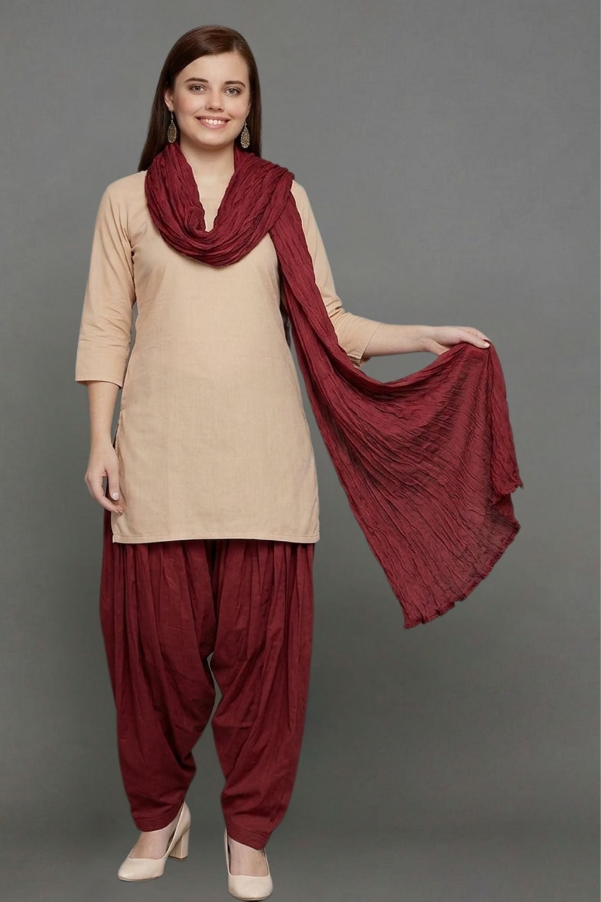 Maroon Cotton Plain Patiala with Dupatta