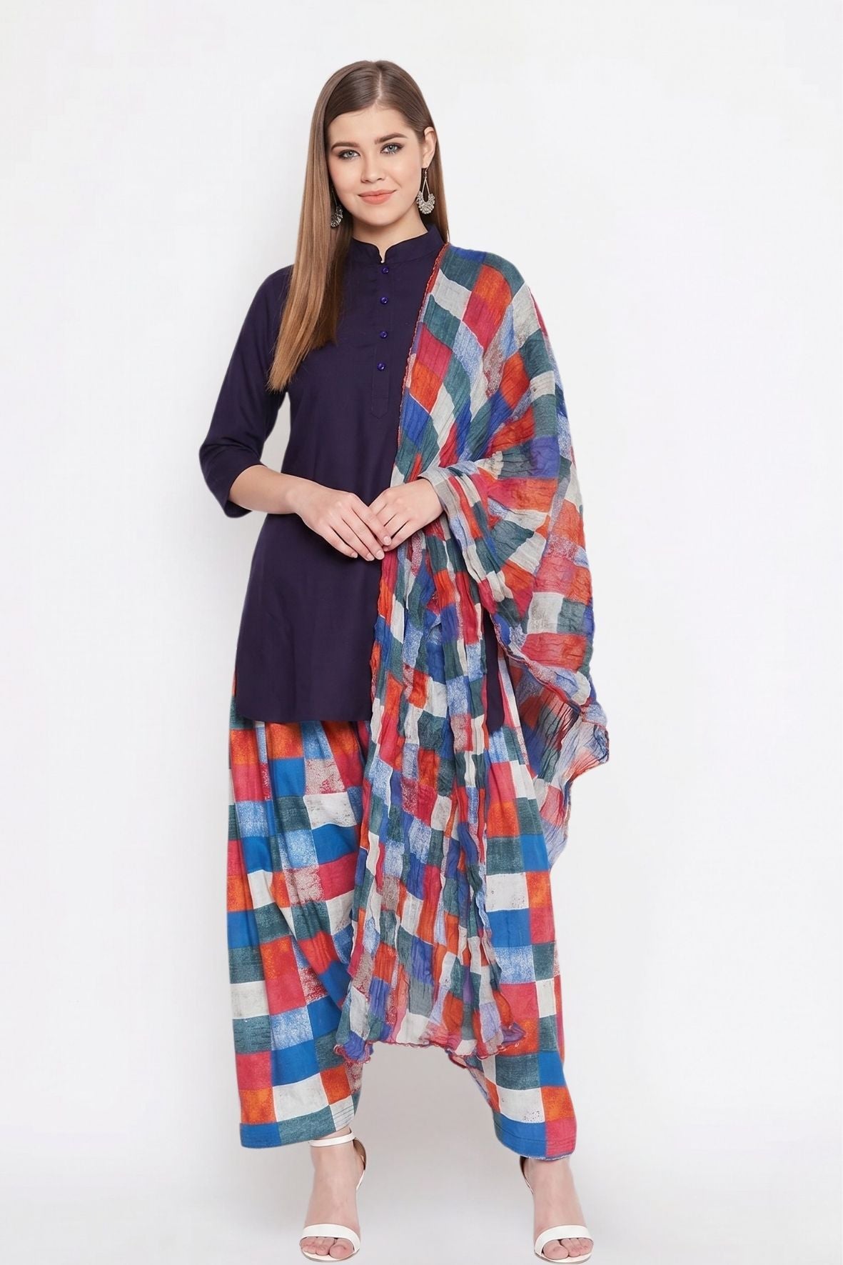 Multicolour Checks Printed Cotton Patiala with Dupatta