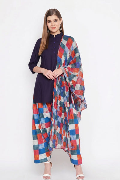 Multicolour Checks Printed Cotton Patiala with Dupatta