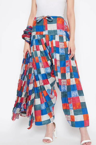 Multicolour Checks Printed Cotton Patiala with Dupatta