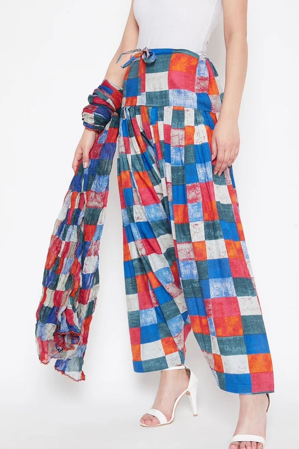Multicolour Checks Printed Cotton Patiala with Dupatta