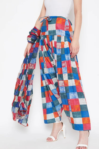 Multicolour Checks Printed Cotton Patiala with Dupatta