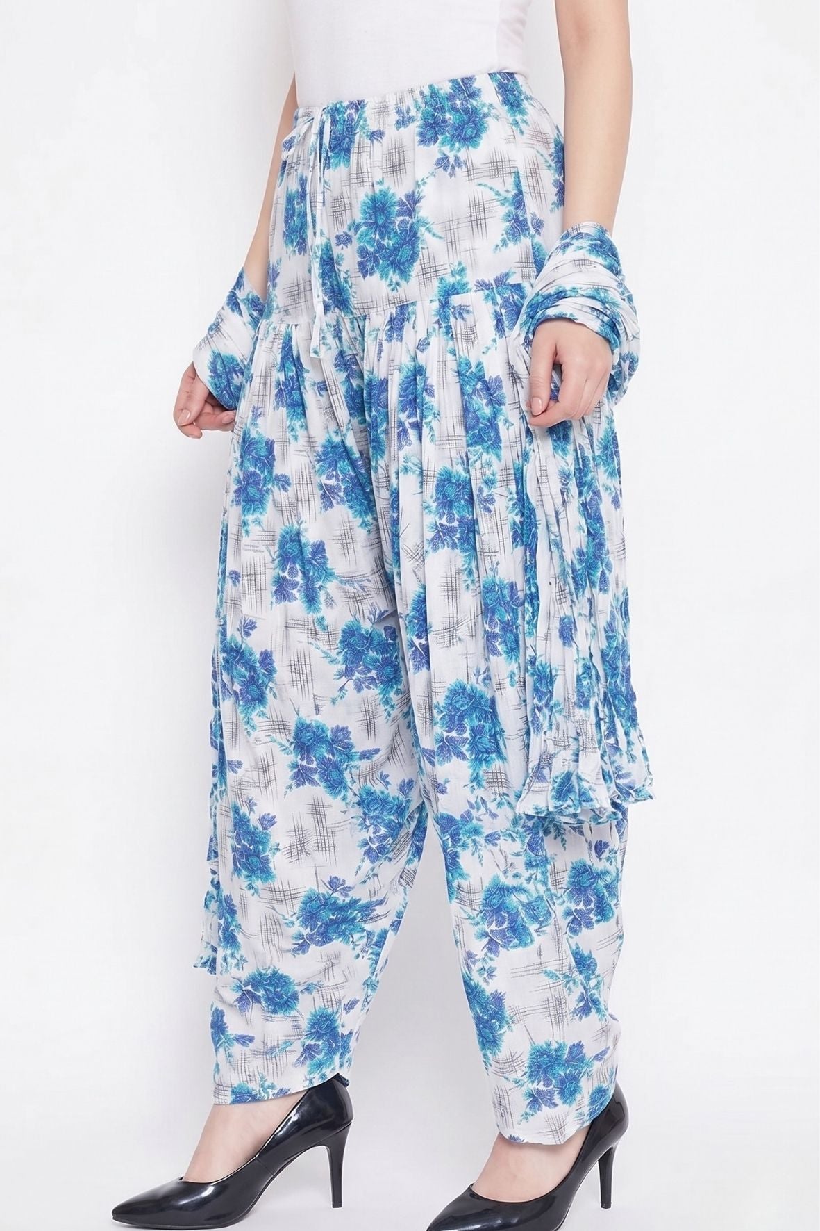Blue Floral Printed Cotton Patiala with Dupatta