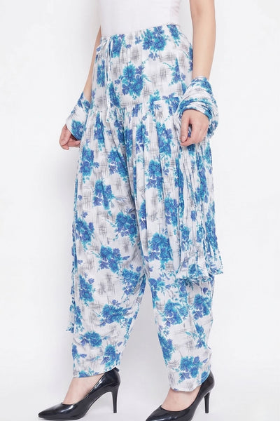 Blue Floral Printed Cotton Patiala with Dupatta
