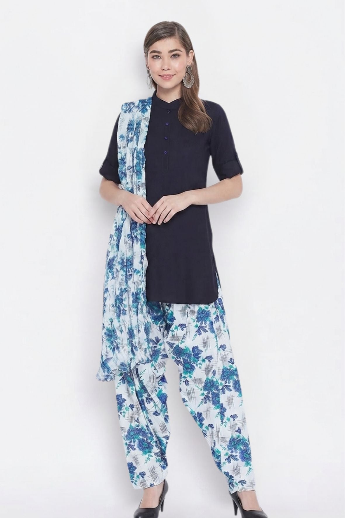Blue Floral Printed Cotton Patiala with Dupatta