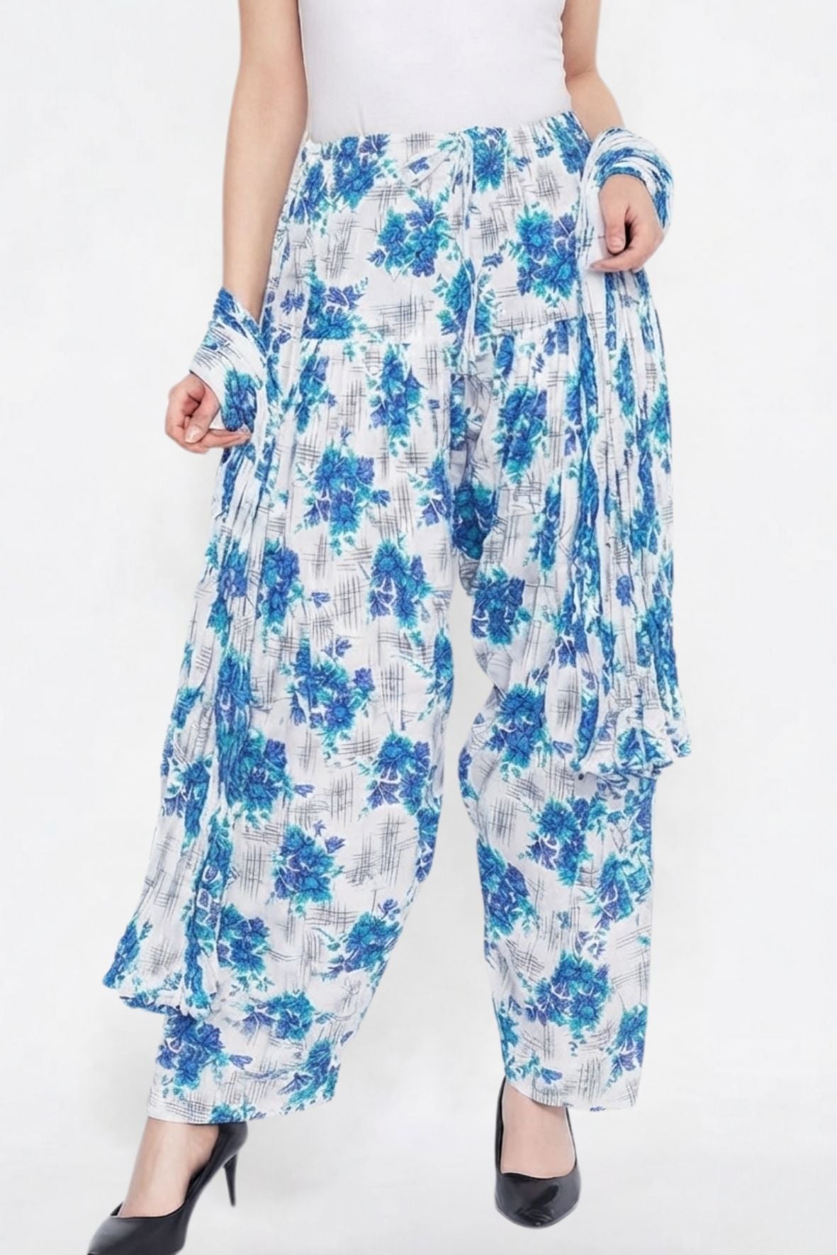 Blue Floral Printed Cotton Patiala with Dupatta