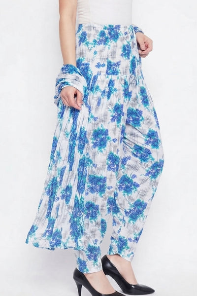 Blue Floral Printed Cotton Patiala with Dupatta