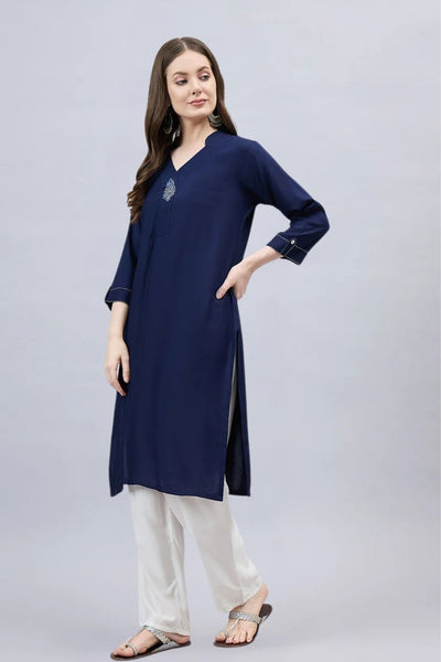 Navy Blue V-Neck Straight Fit Rayon Kurti