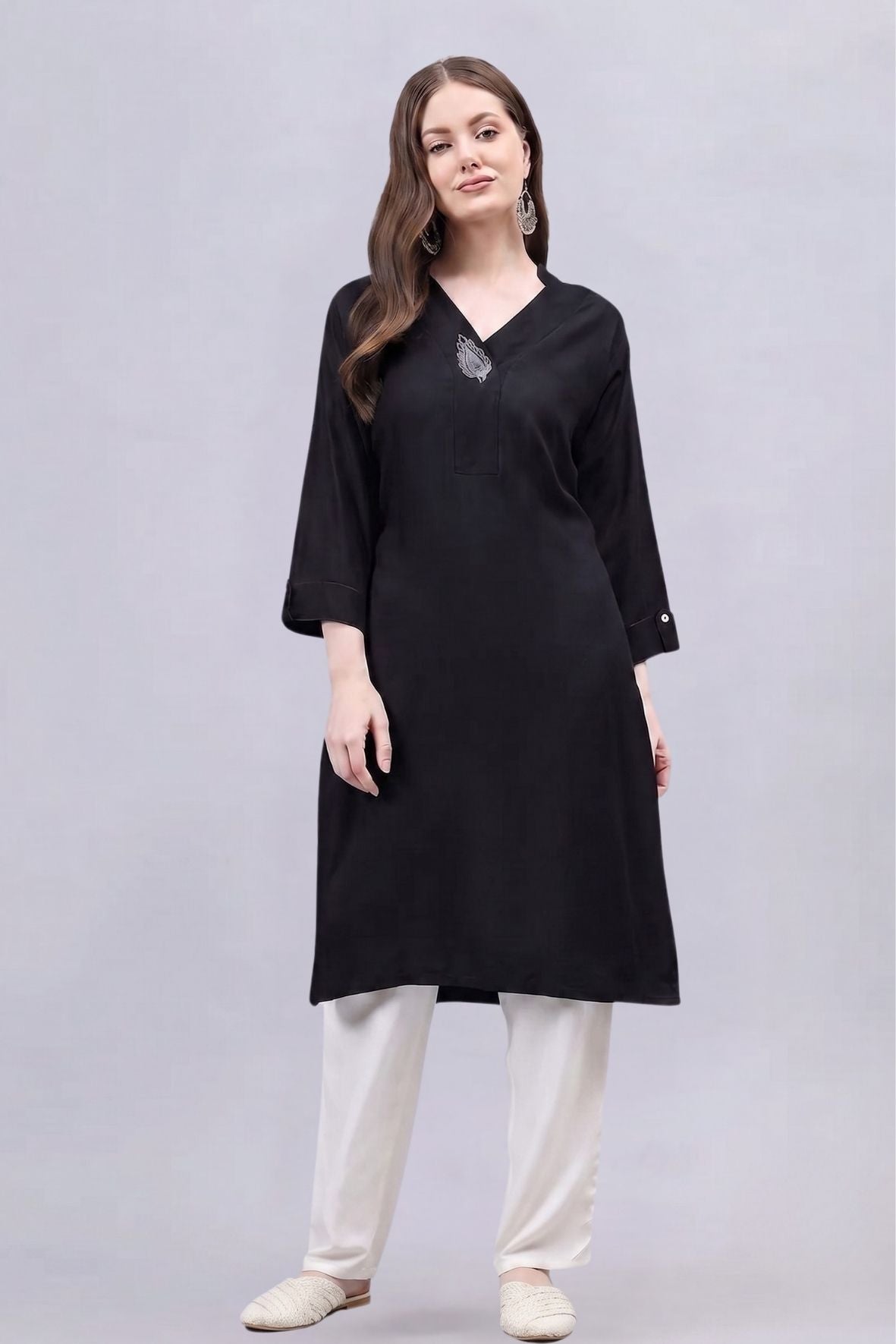 Black V-Neck Straight Fit Rayon Kurti